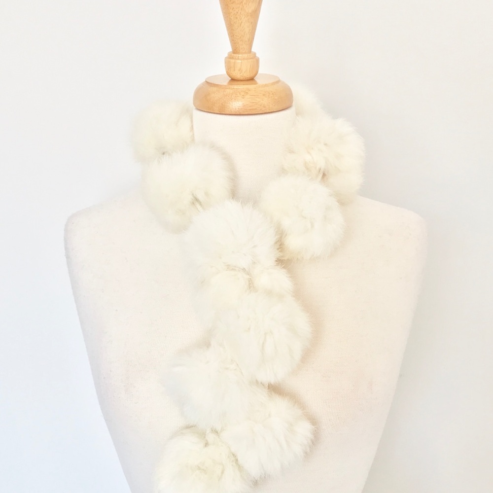 Winter White, genuine angora fur pom pom scarf